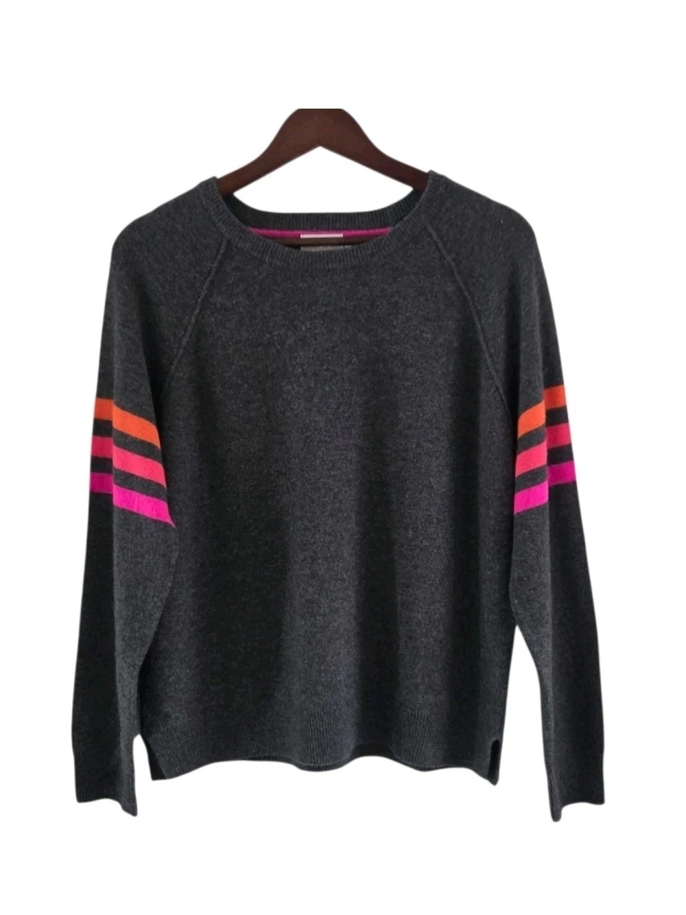 Brodie Gray Pink Annie Stripe Crew Neck Cashmere Sweater Womens Size L